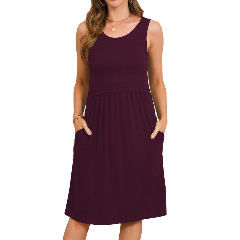 Bearsland Women's Sleeveless Maternity Dress Nursing Breastfeeding Knee-Length Dresses with Pockets,Purplered,L - Image 2